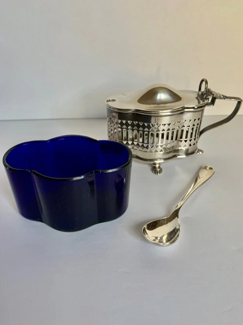 English Sterling Silver Mustard Pot Cobalt Glass Insert Spoon London Hallmarks